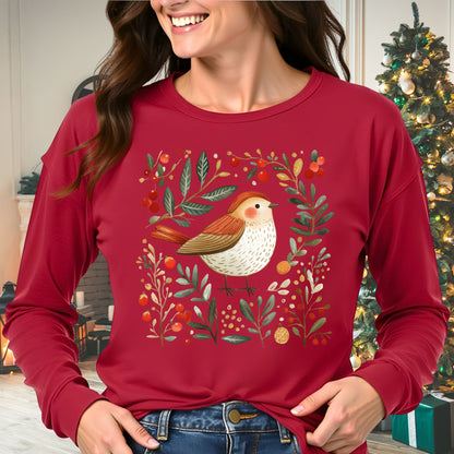 Folk Art Winter Sparrow Long Sleeve Tee