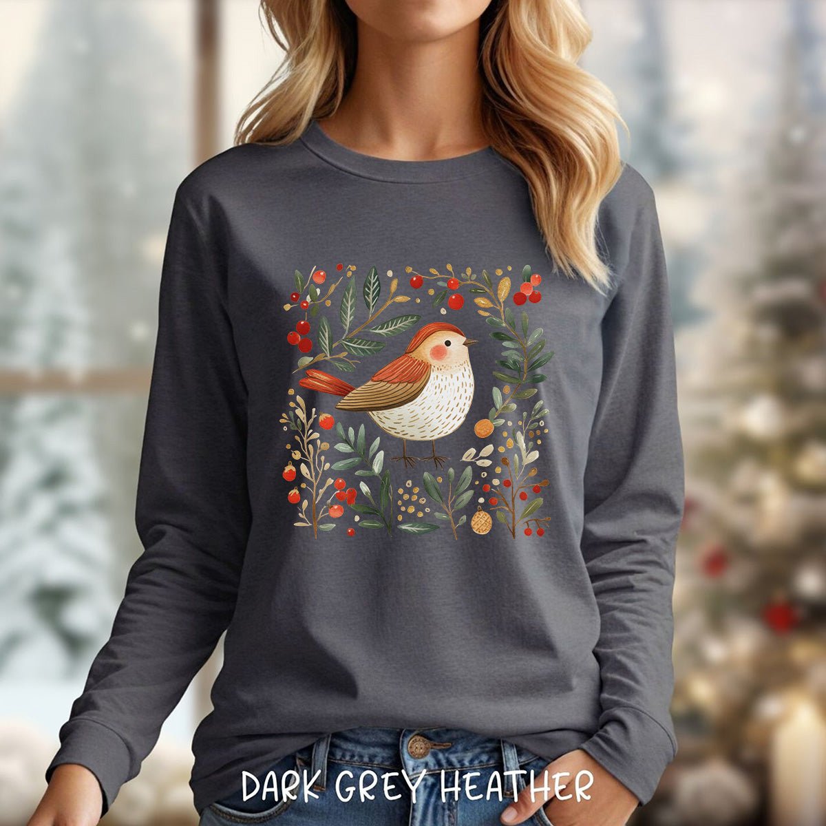 Folk Art Winter Sparrow Long Sleeve Tee