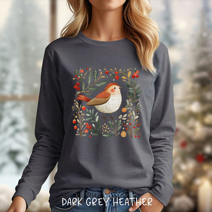 Folk Art Winter Sparrow Long Sleeve Tee