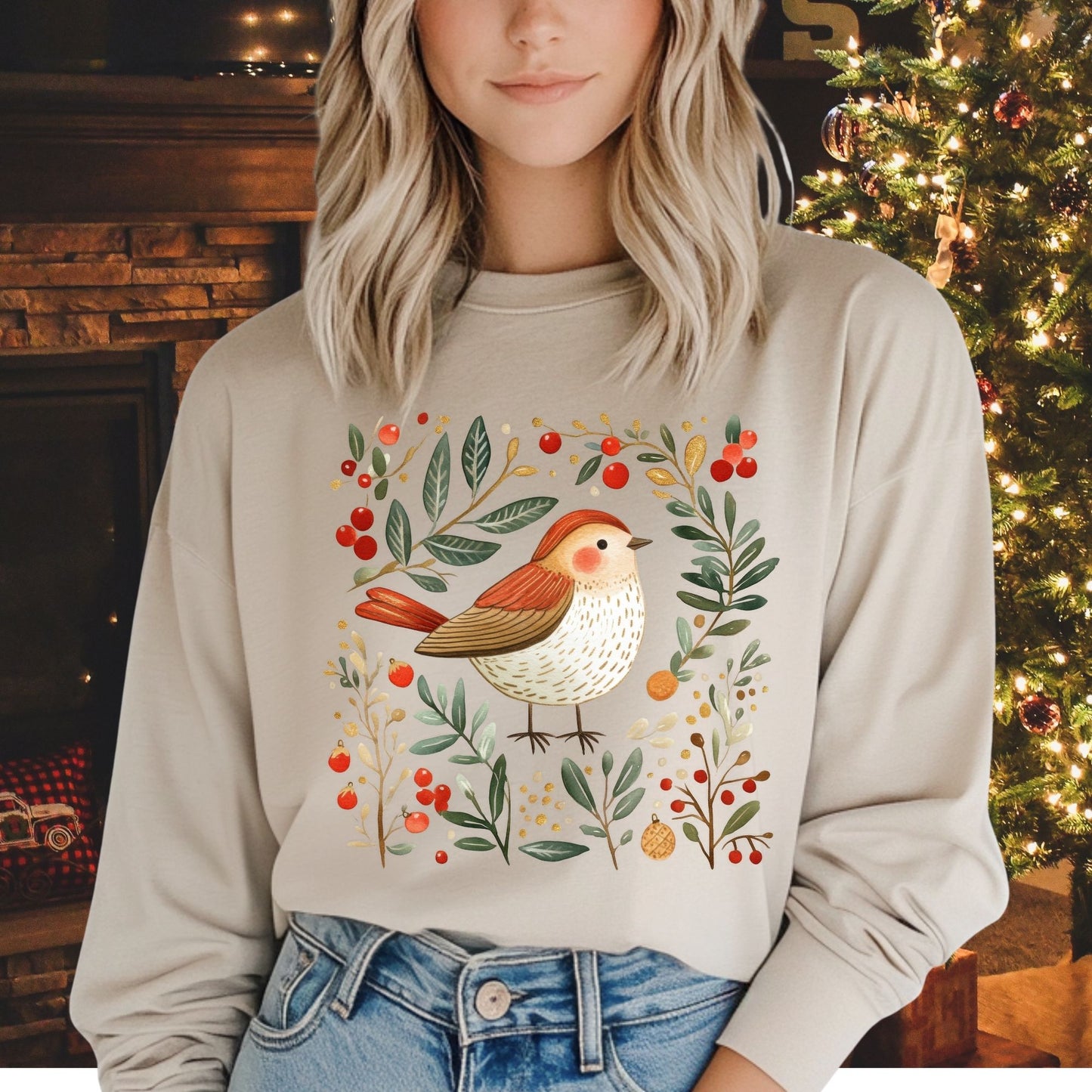 Folk Art Winter Sparrow Long Sleeve Tee