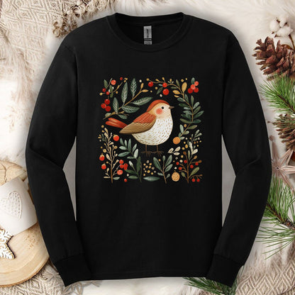 Folk Art Winter Sparrow Long Sleeve Tee
