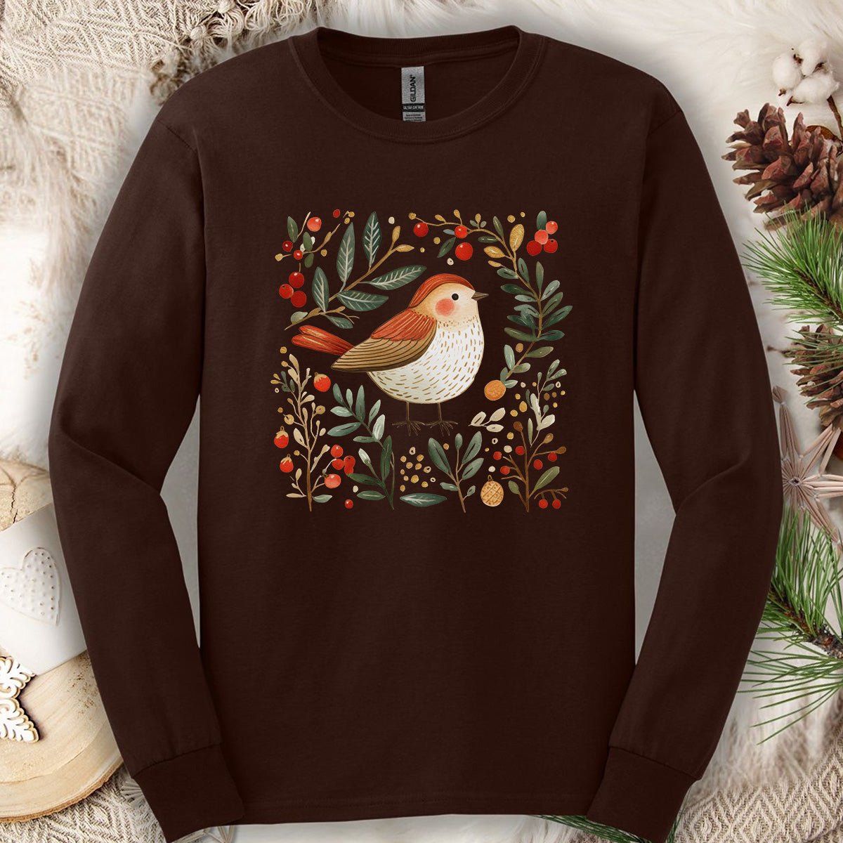 Folk Art Winter Sparrow Long Sleeve Tee