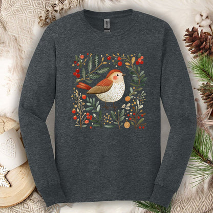 Folk Art Winter Sparrow Long Sleeve Tee