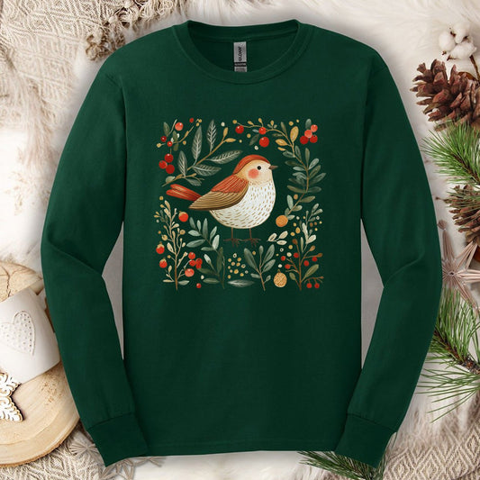 Folk Art Winter Sparrow Long Sleeve Tee