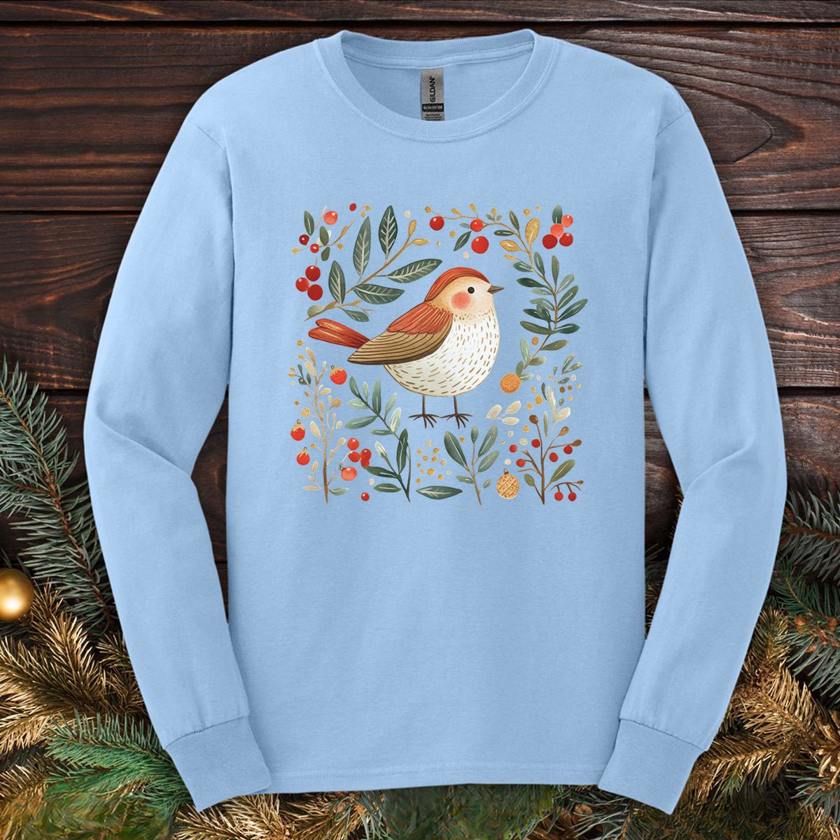 Folk Art Winter Sparrow Long Sleeve Tee