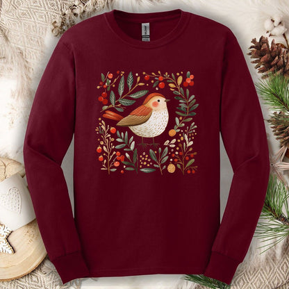 Folk Art Winter Sparrow Long Sleeve Tee