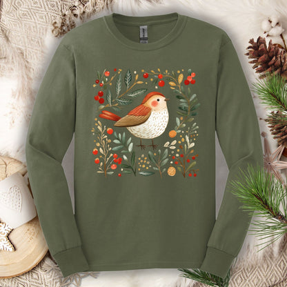 Military Green Gildan Softstyle long sleeve tee with folk art winter sparrow, evergreens, holly, and ornaments.