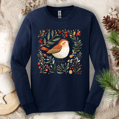 Navy Gildan Softstyle long sleeve tee with a folk art winter sparrow, evergreens, holly, and ornaments.