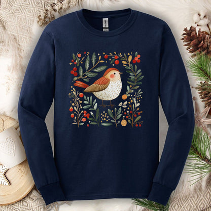 Folk Art Winter Sparrow Long Sleeve Tee