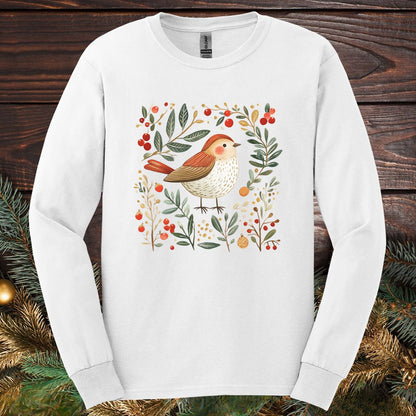 Folk Art Winter Sparrow Long Sleeve Tee