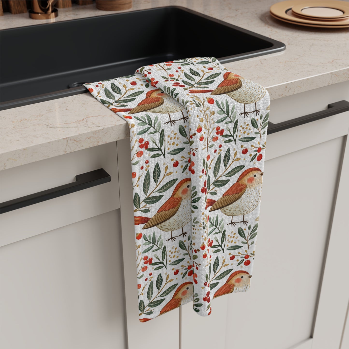 Folk Art Winter Sparrow Microfiber Tea Towel