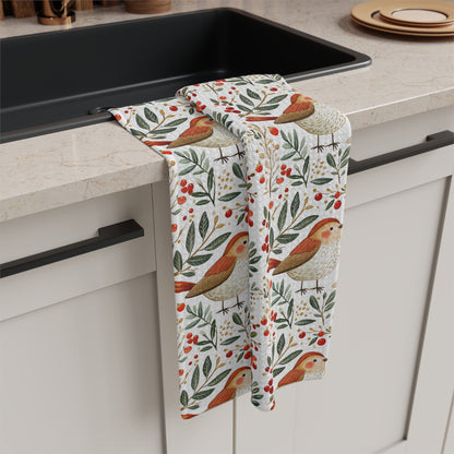 Folk Art Winter Sparrow Microfiber Tea Towel