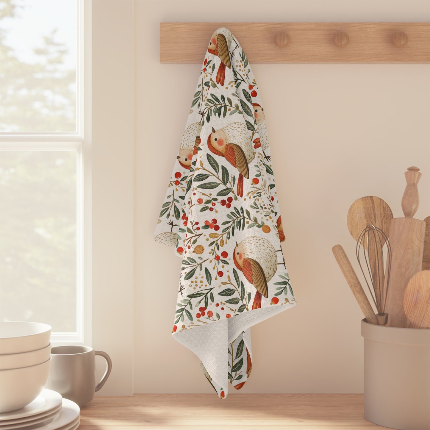 Folk Art Winter Sparrow Microfiber Tea Towel