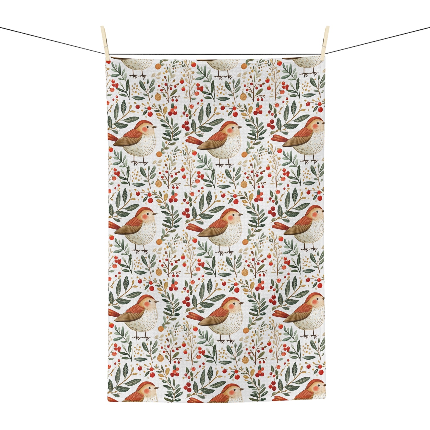 Folk Art Winter Sparrow Microfiber Tea Towel