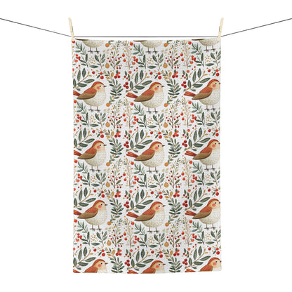 Folk Art Winter Sparrow Microfiber Tea Towel