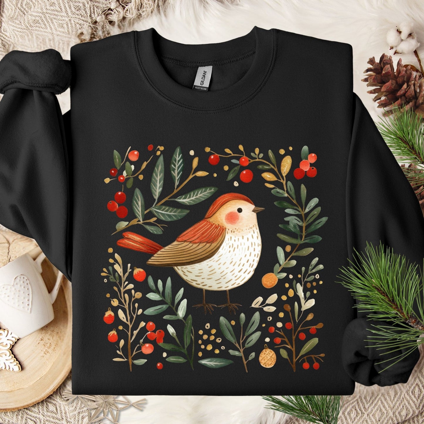 Black fleece sweatshirt with vintage folk art sparrow, evergreens, holly, and ornaments.