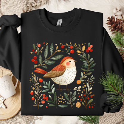 Black fleece sweatshirt with vintage folk art sparrow, evergreens, holly, and ornaments.