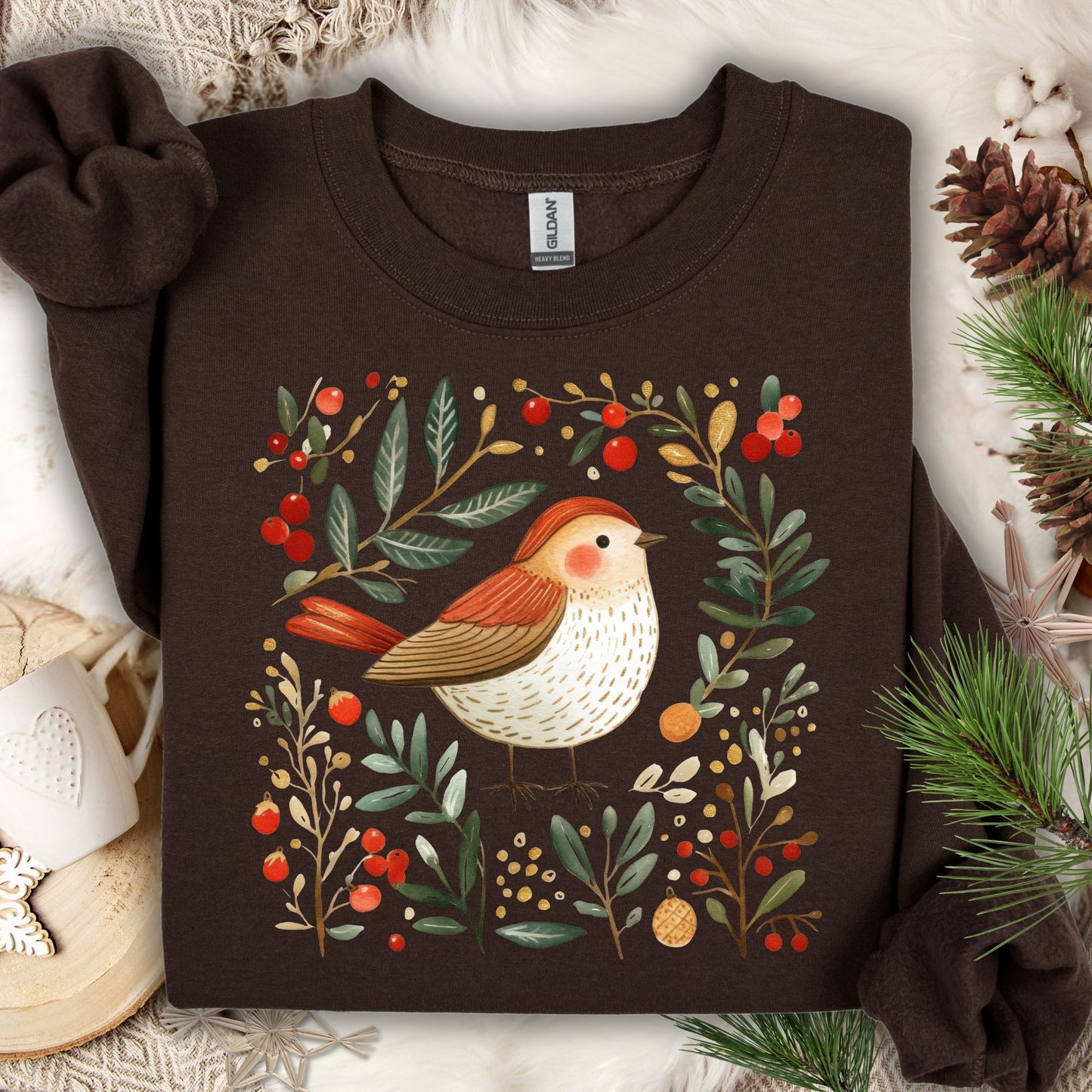 Dark chocolate fleece sweatshirt with folk art winter sparrow, evergreens, holly, and ornaments.