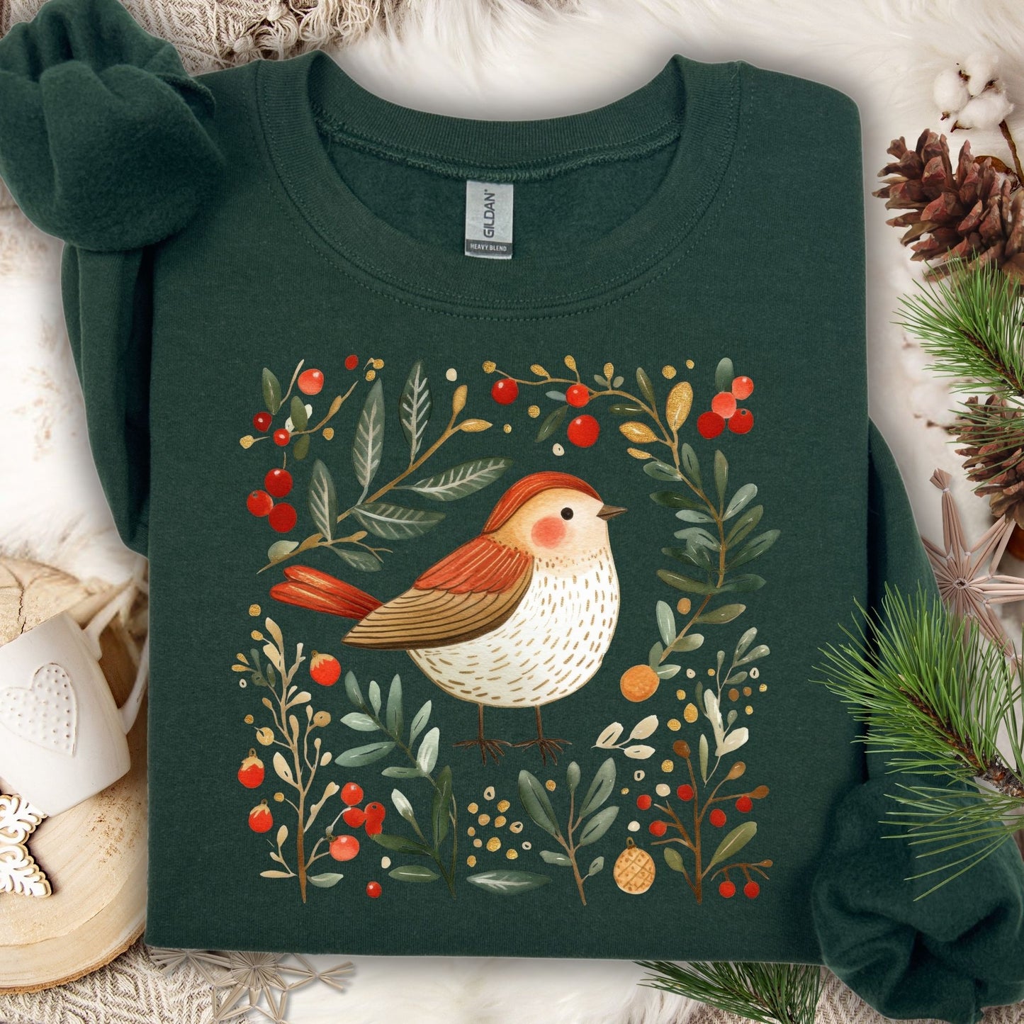 Forest green fleece sweatshirt with folk art sparrow, holly, and ornaments.
