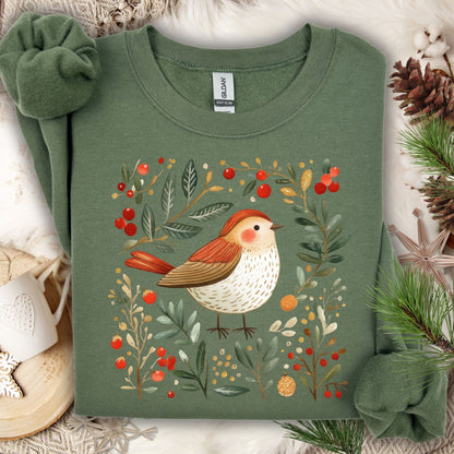 Military Green Folk Art Winter Sparrow sweatshirt with red, green, and gold Christmas design.