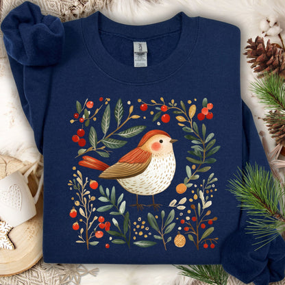 Navy folk art winter sparrow sweatshirt with red, green, and gold Christmas ornaments.