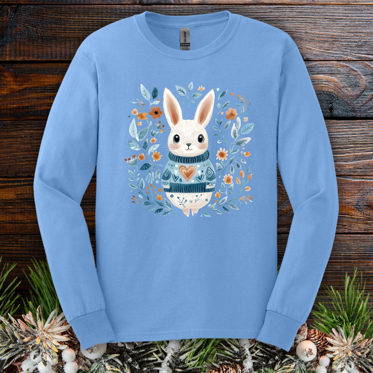 Folk Art Woodland Winter Rabbit Long Sleeve Tee