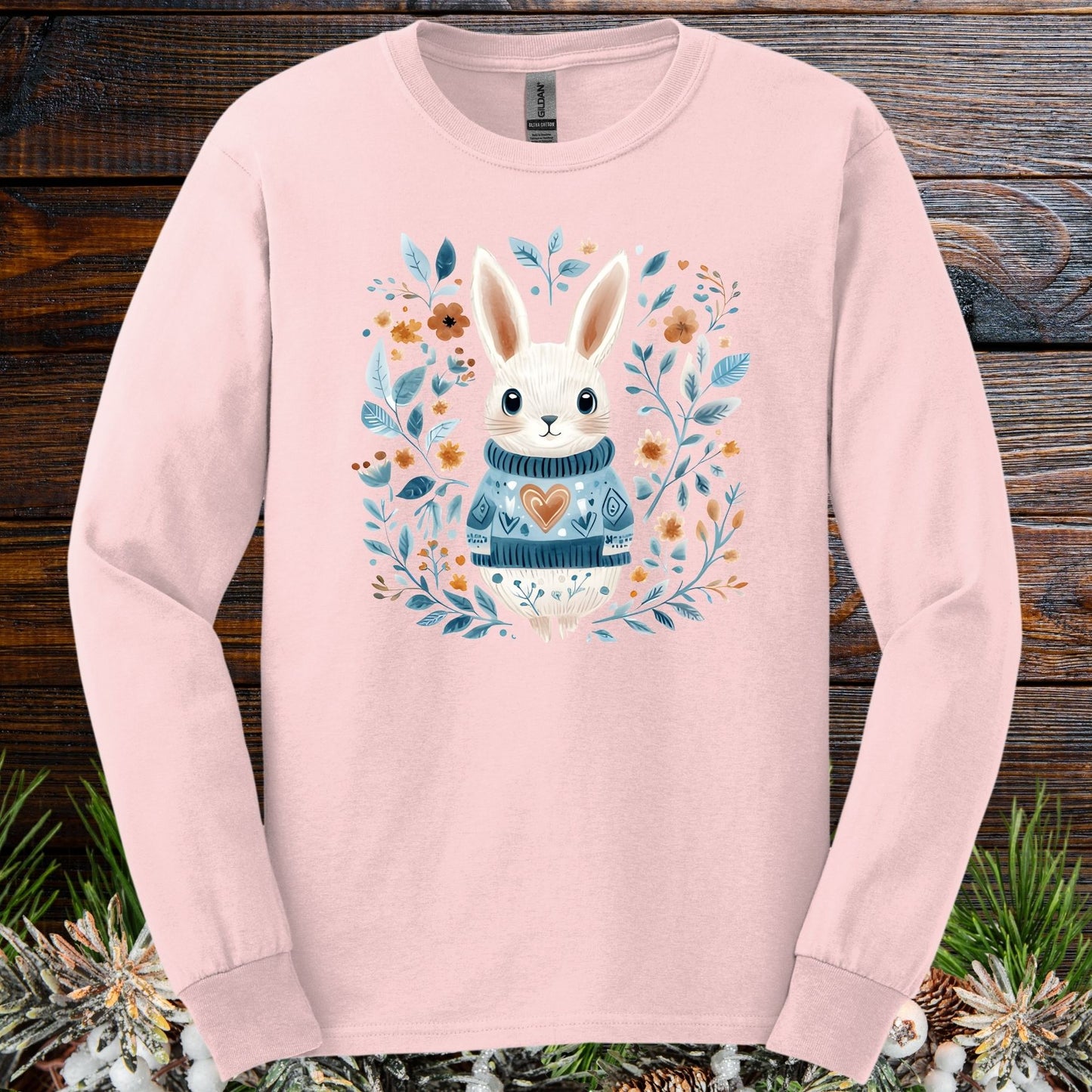 Folk Art Woodland Winter Rabbit Long Sleeve Tee
