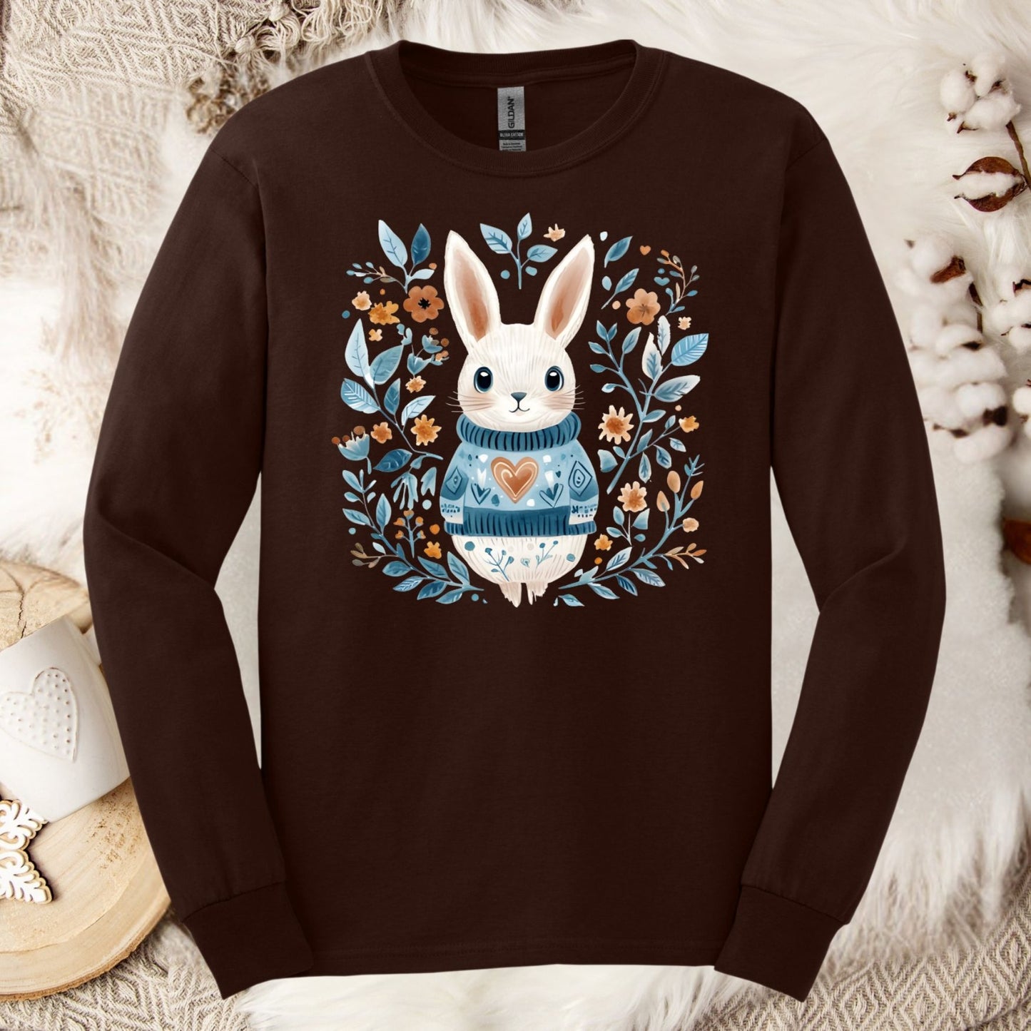 Folk Art Woodland Winter Rabbit Long Sleeve Tee