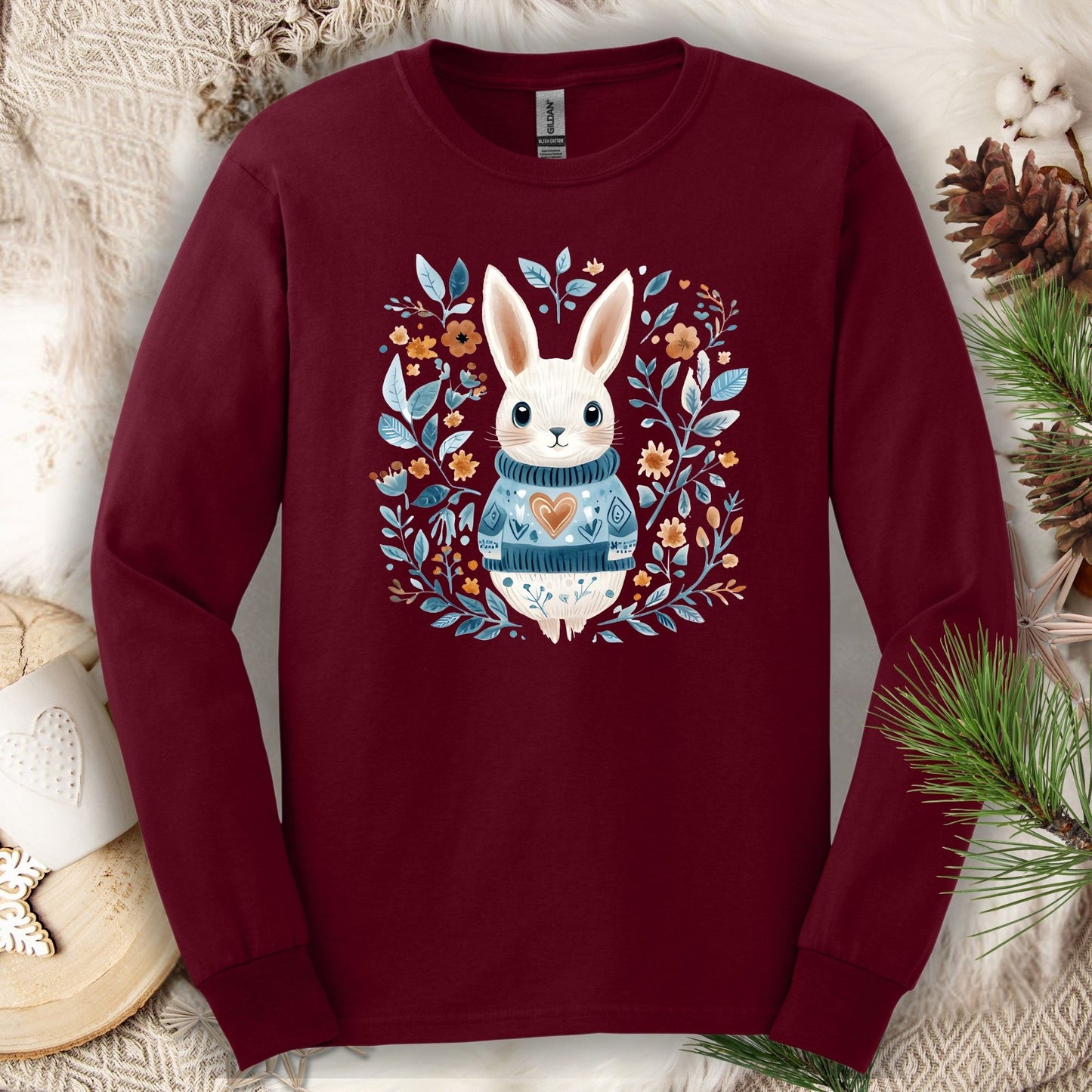 Folk Art Woodland Winter Rabbit Long Sleeve Tee
