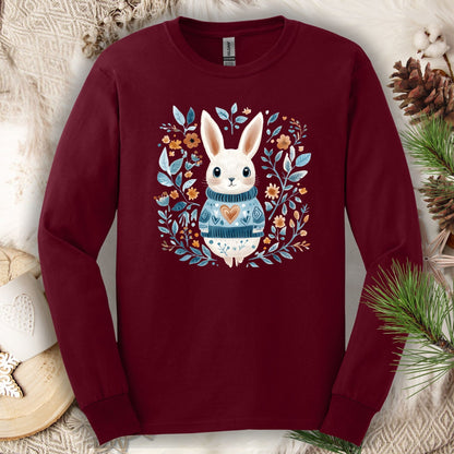 Folk Art Woodland Winter Rabbit Long Sleeve Tee