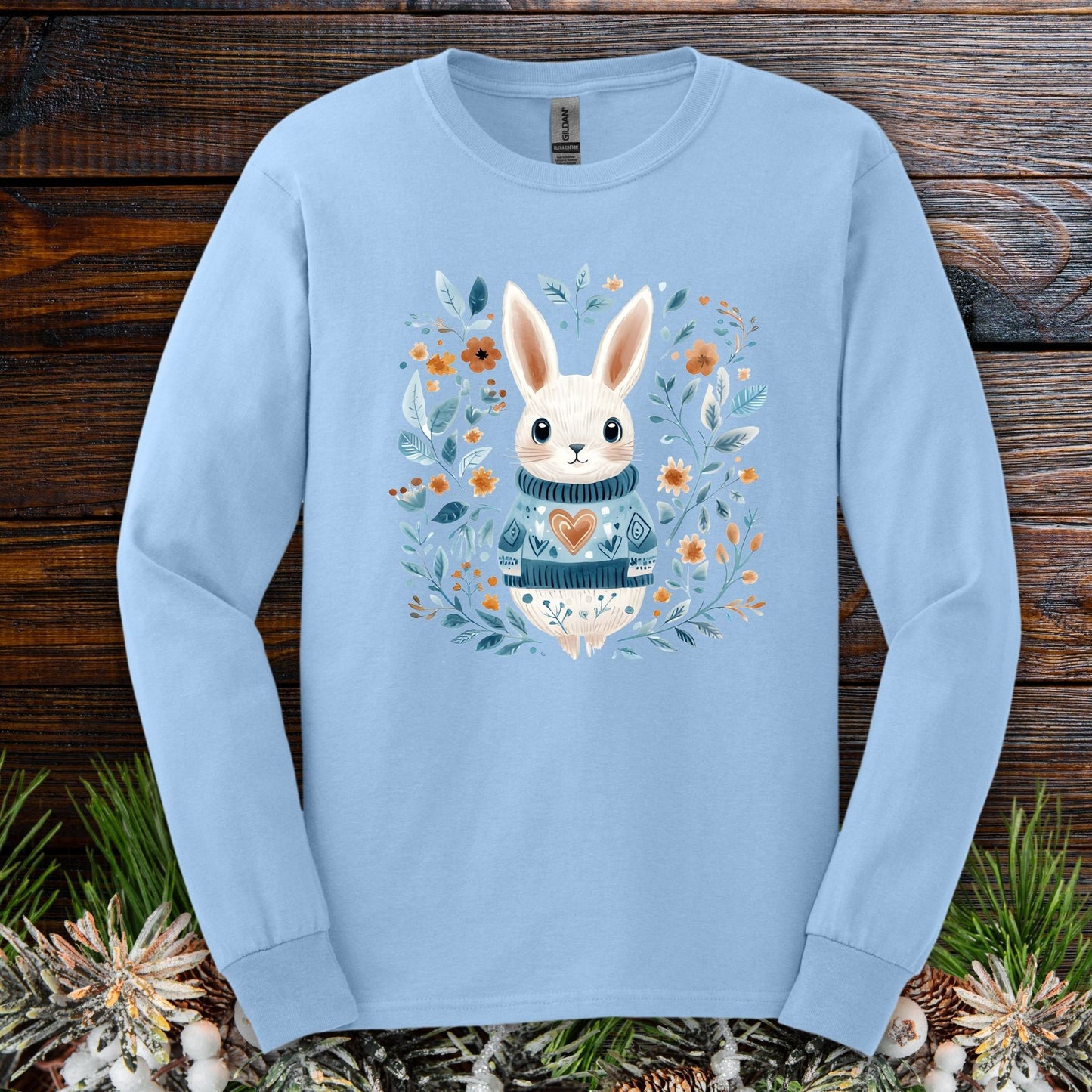 Folk Art Woodland Winter Rabbit Long Sleeve Tee