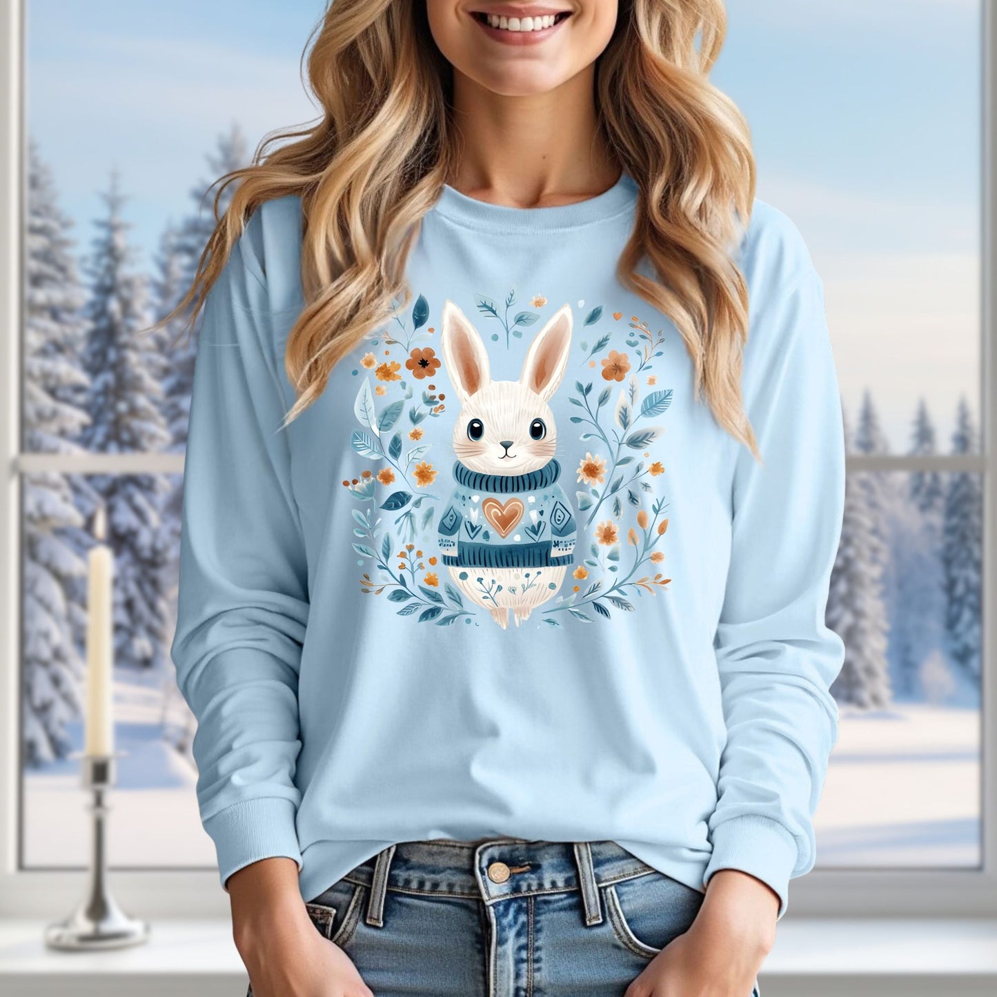 Folk Art Woodland Winter Rabbit Long Sleeve Tee