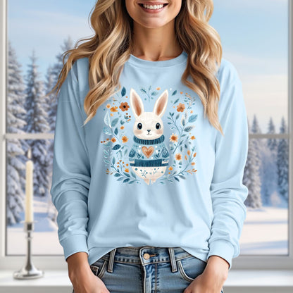 Folk Art Woodland Winter Rabbit Long Sleeve Tee