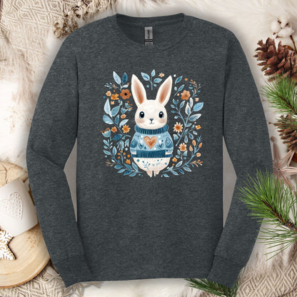 Folk Art Woodland Winter Rabbit Long Sleeve Tee