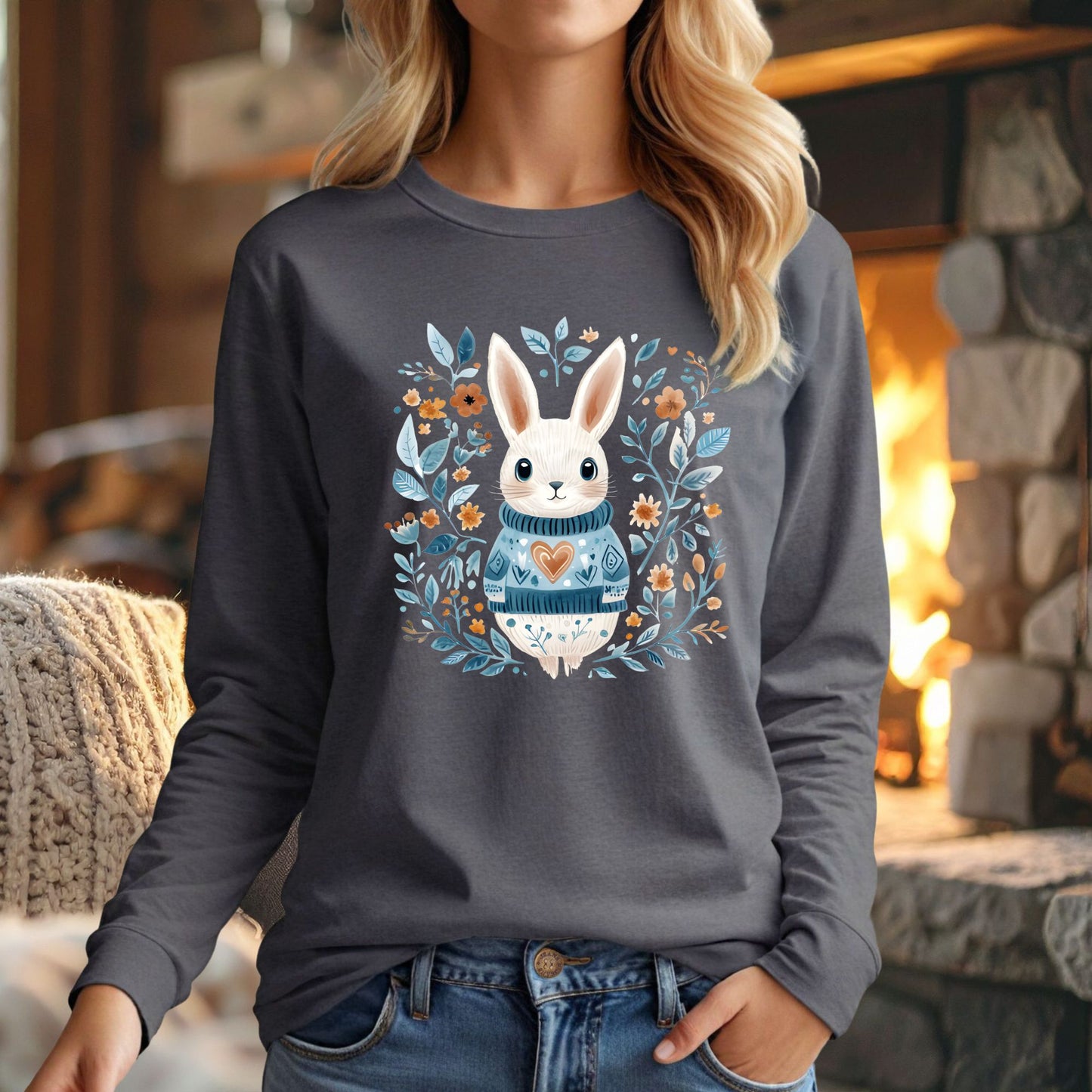 Folk Art Woodland Winter Rabbit Long Sleeve Tee