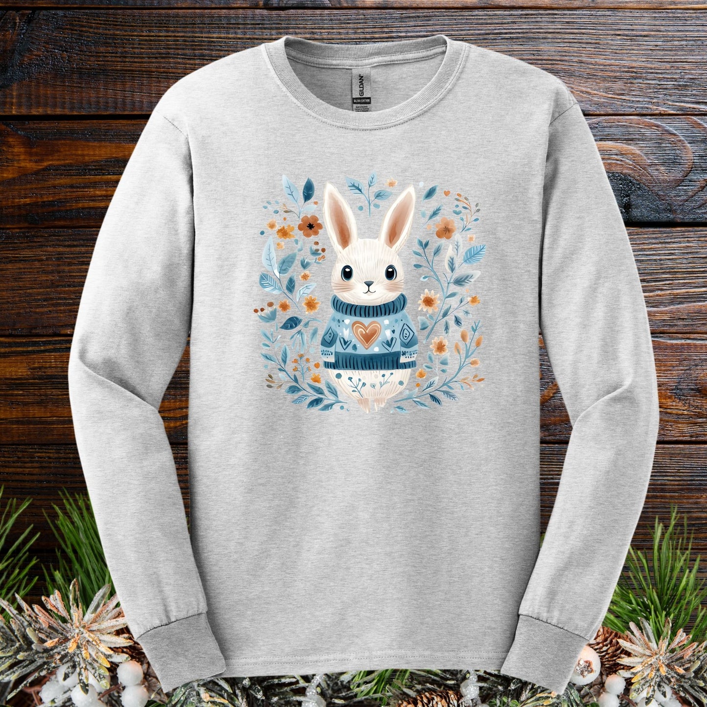 Folk Art Woodland Winter Rabbit Long Sleeve Tee