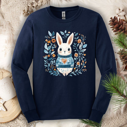 Folk Art Woodland Winter Rabbit Long Sleeve Tee