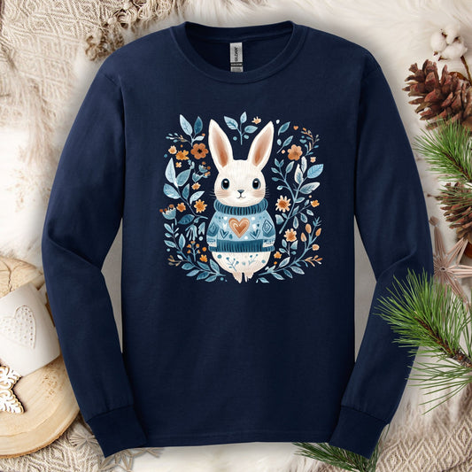 Folk Art Woodland Winter Rabbit Long Sleeve Tee