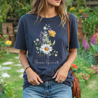 Navy garment-dyed cotton t-shirt with a hand-painted daisy, lavender, eucalyptus bouquet and "Free Spirit" script.