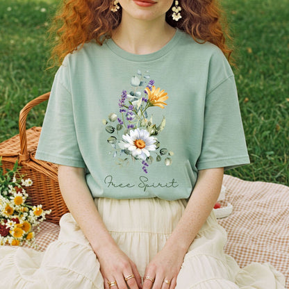 Relaxed-fit, garment-dyed sage green t-shirt with a "Free Spirit" botanical bouquet print.