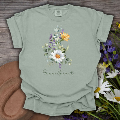 Bay green, relaxed-fit cotton t-shirt with a hand-painted daisy, lavender, eucalyptus bouquet and "Free Spirit" script.