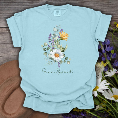 Chambray S Free Spirit Summer Bouquet T-Shirt with daisies, lavender, and eucalyptus on wood.