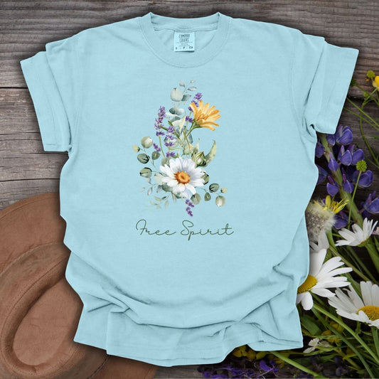 Chambray S Free Spirit Summer Bouquet T-Shirt with daisies, lavender, and eucalyptus on wood.