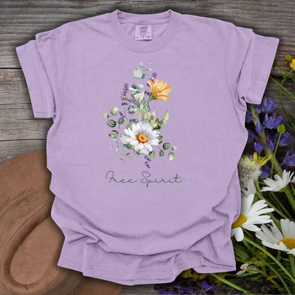 Orchid S t-shirt with a hand-painted bouquet of daisies, lavender, eucalyptus, and "Free Spirit" script.