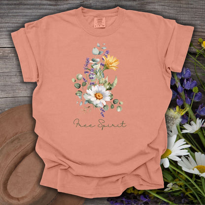 Terracotta relaxed-fit t-shirt with a hand-painted daisy, lavender, eucalyptus bouquet and "Free Spirit" script.