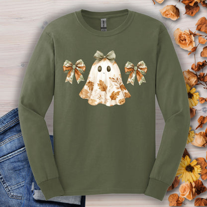 Military green long sleeve t-shirt with a friendly boho ghost design, fall leaves, and bows.