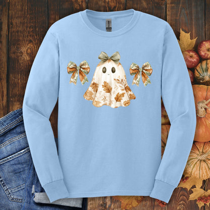 Light blue long sleeve t-shirt with a cute, leaf-patterned friendly ghost and fall bows.
