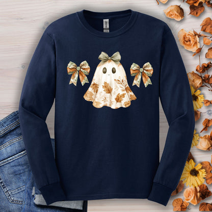 Navy long sleeve t-shirt with a friendly boho ghost, fall bows, and earthy leaf patterns.