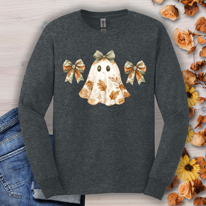 Dark heather long sleeve t-shirt with a friendly boho ghost, fall leaves, and bows.