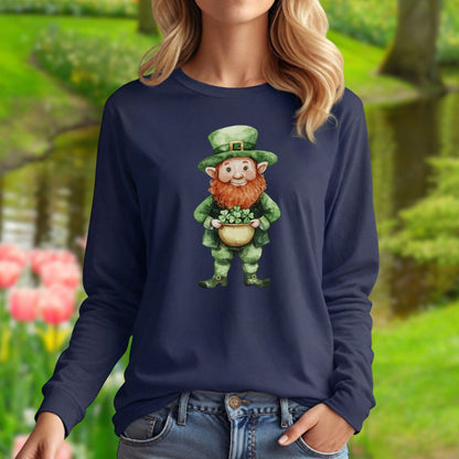 Navy long-sleeve tee with a watercolor leprechaun holding a shamrock plant.